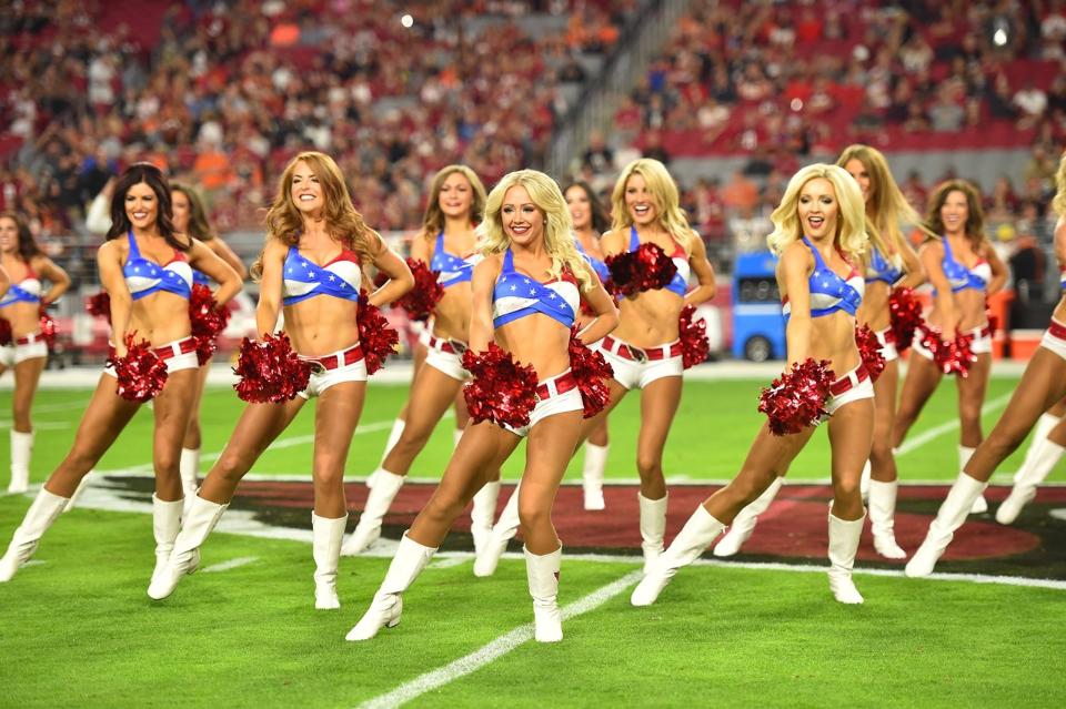 Arizona Cardinals Cheerleaders military outfits red, white, and blue for 2015 created by The Line Up