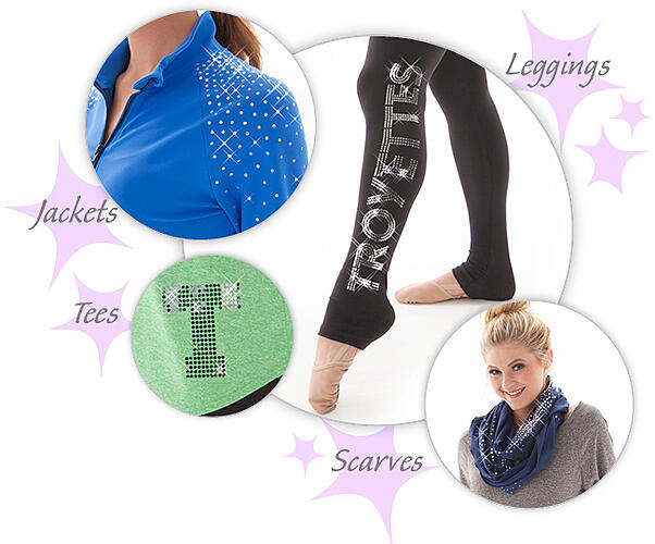 Team leggings with bling, spangles, The Line Up, jacket with sequin on shoulders, scarves, tees
