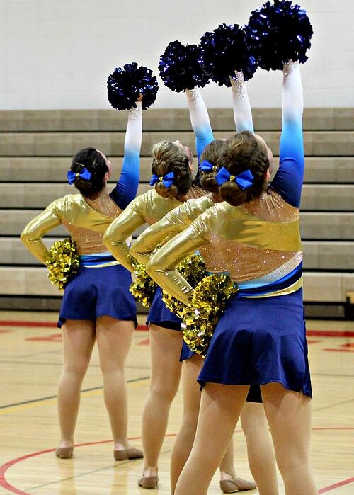 Aquinas HS Dance Team, The Line Up, Custom Gold and Blue pom costumes