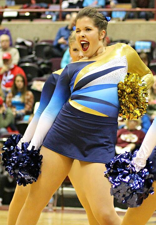 Aquinas HS Dance Team, The Line Up, Custom Gold and Blue pom costumes