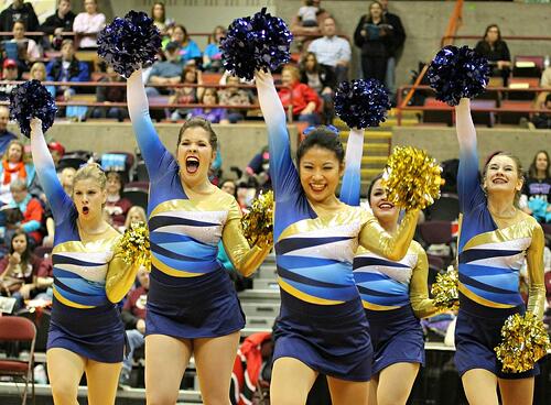 Aquinas HS Dance Team, The Line Up, Custom Gold and Blue pom costumes