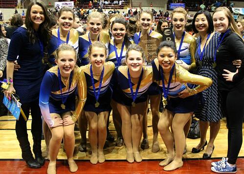 State Pom Champions, 2015, Aquinas HS Dance Team, The Line Up, Custom Gold and Blue pom costumes