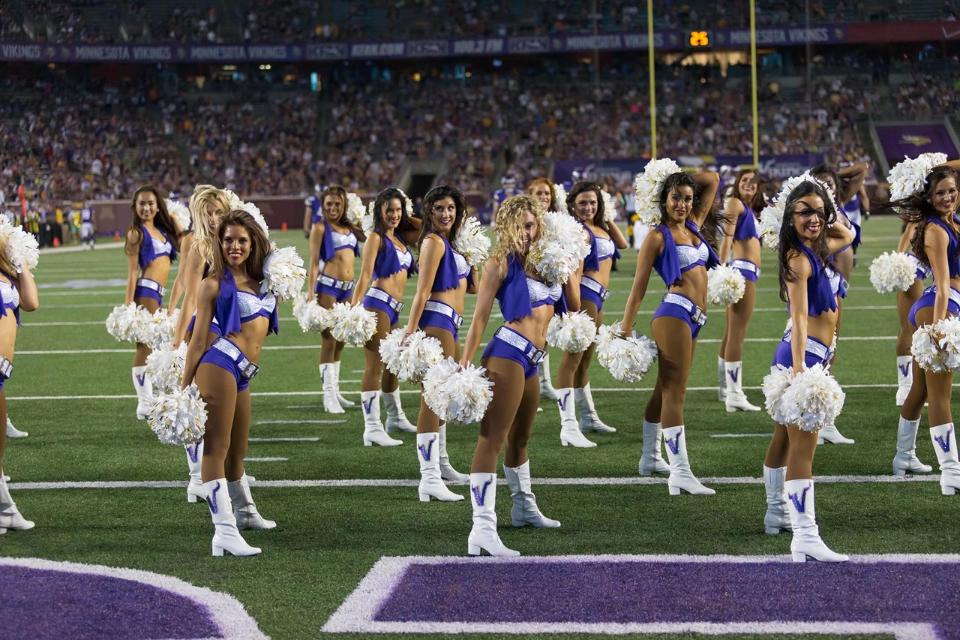 Minnesota Vikings Cheerleaders new uniform with shorts and vest called Summer, The Line Up, 2015