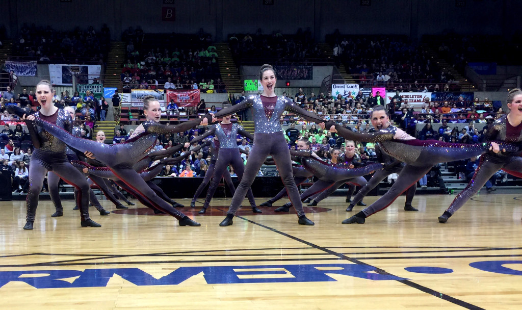 de pere dance team high kick, silver and burgundy costumes, 2016