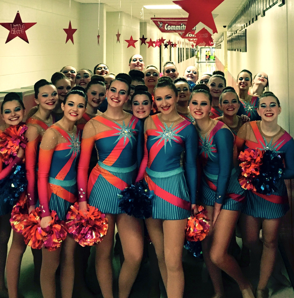 waupaca pom, bright blue, orange and pink costume, 2016
