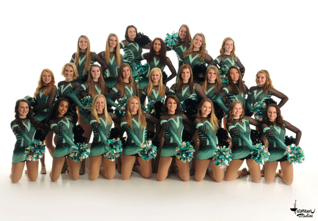 Ashwaubenon pom costume, black and mint with rhinestones