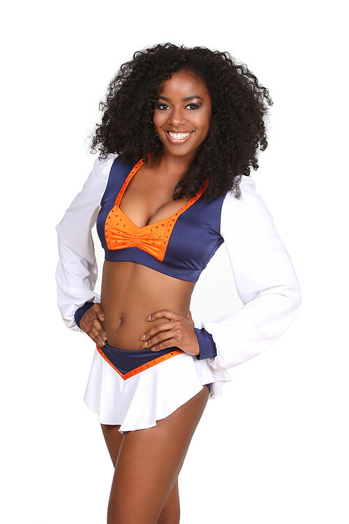 Omaha Mammoth Cheerleader , The Line Up, new uniforms, FXL cheerleader Te'Ara