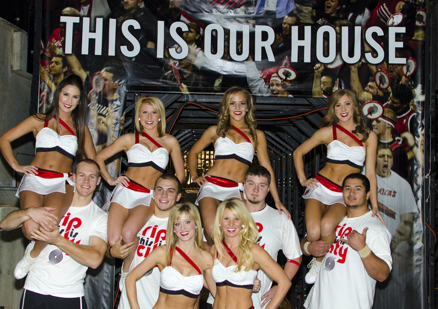 Portland Trailblazers Stunt Team, Uniforms, The Line Up, white asymmetrical uniform with red strap