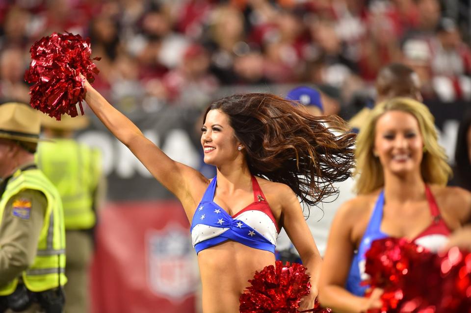 Arizona Cardinals Cheerleaders military outfits red, white, and blue for 2015 created by The Line Up