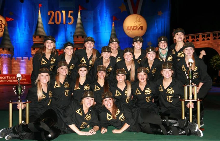 University of St. Thomas dance team hip hop costume 2015 black and gold