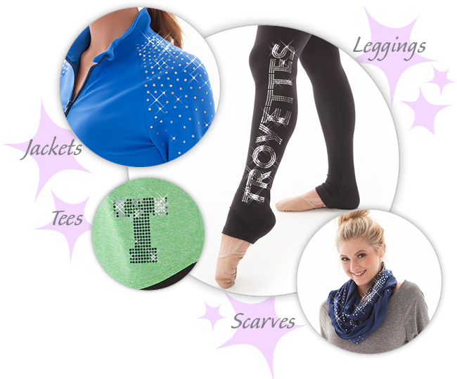 Team leggings with bling, spangles, The Line Up, jacket with sequin on shoulders, scarves, tees