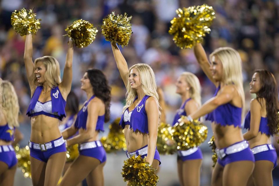 Minnesota Vikings Cheerleaders new uniform with shorts and vest called Summer, The Line Up, 2015- 2016