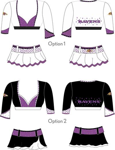 Prototype options for Baltimore Ravens Cheerleaders 2015 uniforms, The Line Up