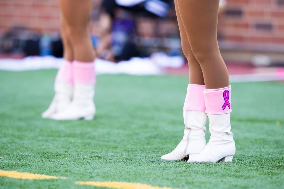 The Minnesota Vikings Cheerleaders Minnesota Vikings Cheerleaders Breast Cancer Awareness Boot covers, the line up