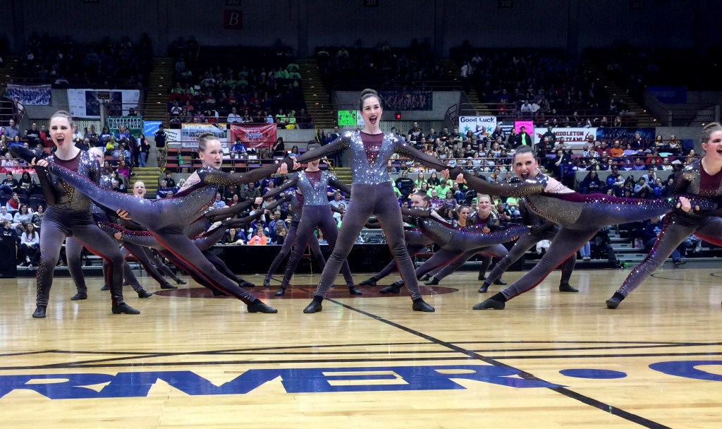 de pere dance team high kick, silver and burgundy costumes, 2016