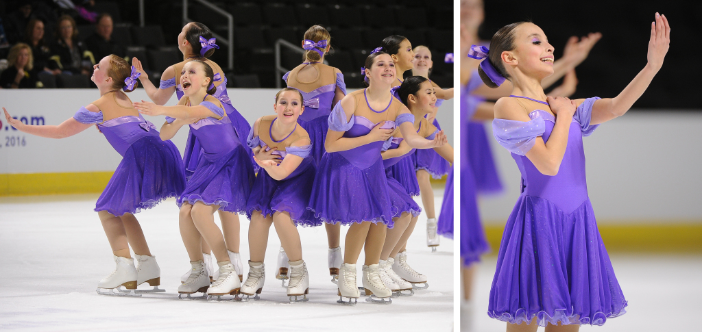 custom purple princess dresses, The Line Up, 2015 synchro nationals, synchronized skating, Team Delaware, juvenile