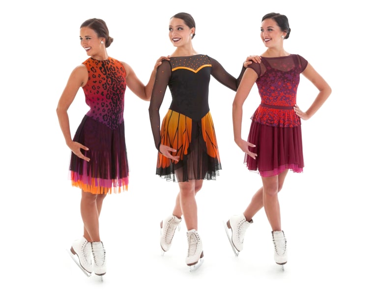 Sublimated synchronized skating dresses by The Line Up