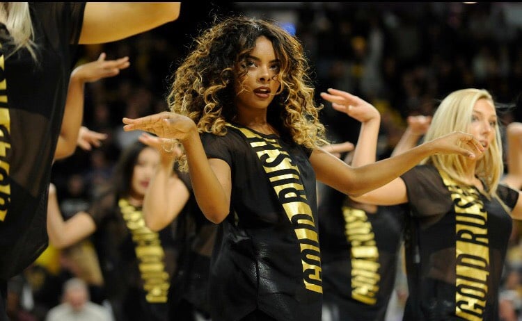 gold rush dancers in vinyl mesh top